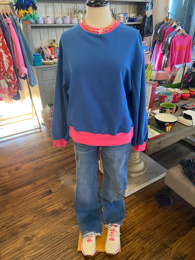 Blue Sweatshirt w Pink Trim