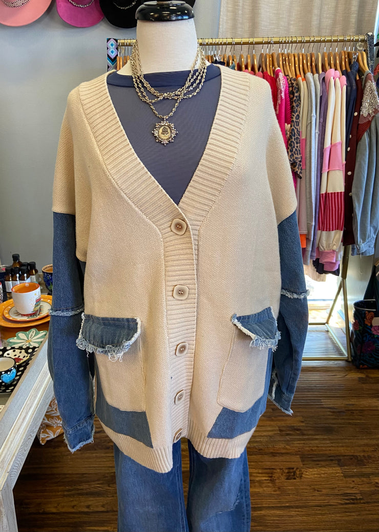 Denim Knit Colorblock Cardigan