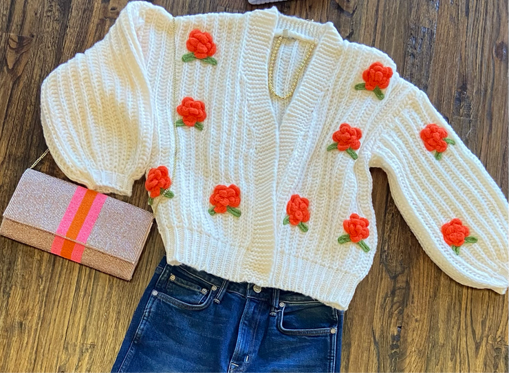 Cream Pom Flower Cardigan