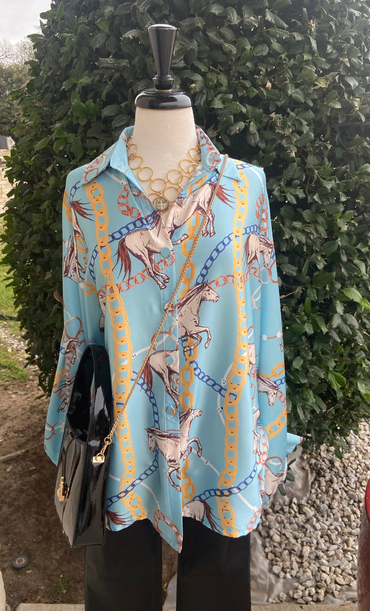 Blue Horse Satin Blouse