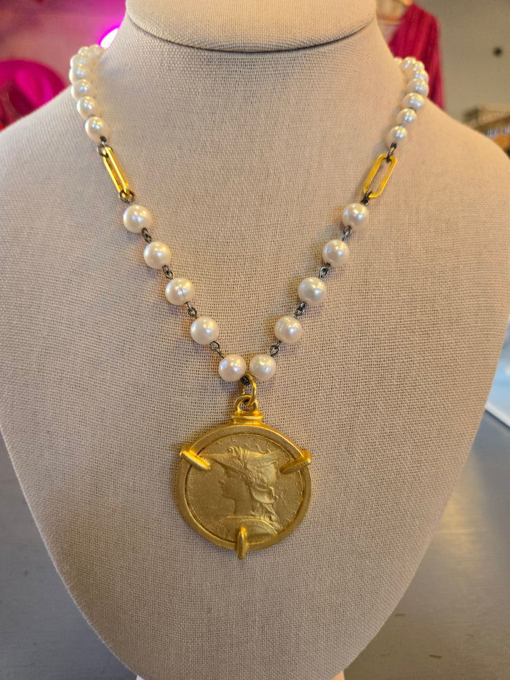 Matte Gold Joan of Arc with Pearl Strand