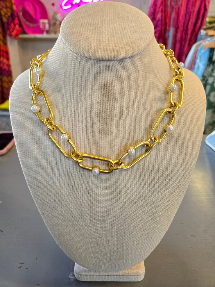 Gold and Pearl Link Necklace