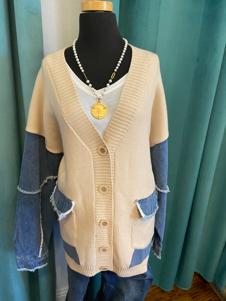 Denim Knit Colorblock Cardigan