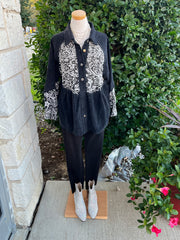 Black Rhinestone Flower Pearl Swirl Shacket Top