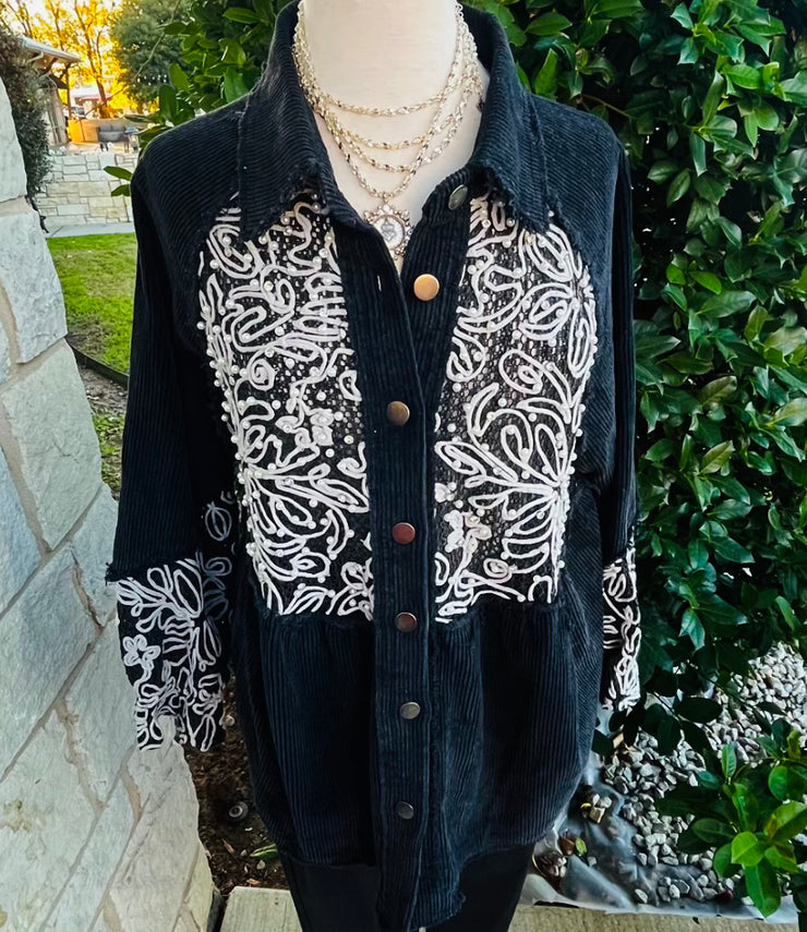 Black Rhinestone Flower Pearl Swirl Shacket Top