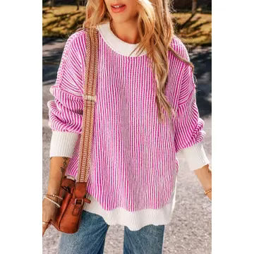 Pink and White Knit Stripe Sweater