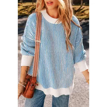 Blue and White Knit Stripe Sweater