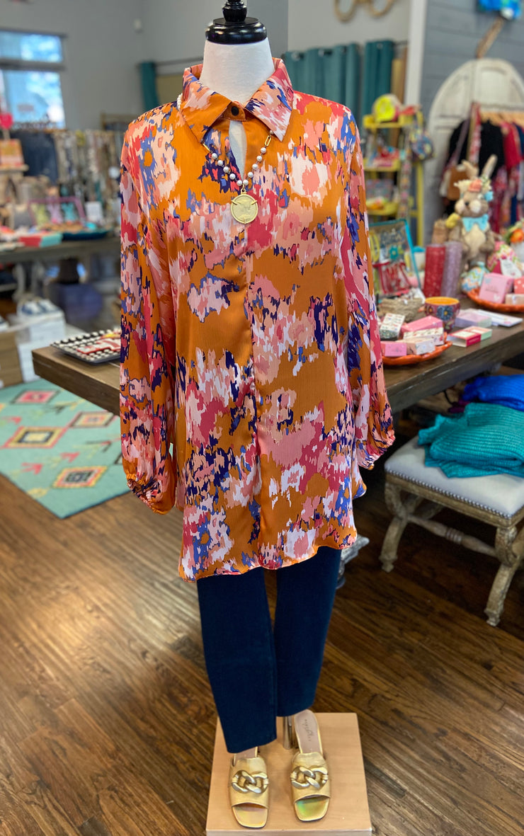 Satin Orange Floral Blouse