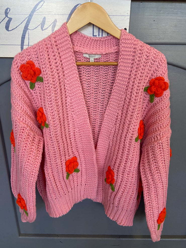 Pink Pom Flower Cardigan