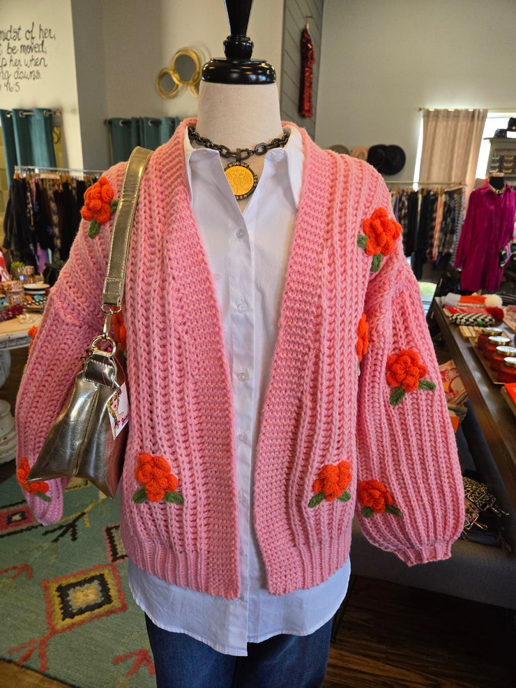 Pink Pom Flower Cardigan